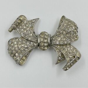 Vintage 1950's Rhinestone Bow Brooch 2" Pin Coquette Femme Bridal Silver Tone